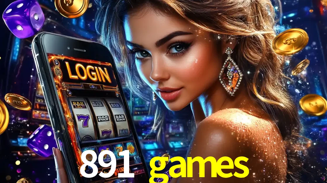 Mulher glamorosa segurando um smartphone com a tela de login para os jogos de caça-níqueis do cassino online 891 games, com moedas de ouro e dados ao redor.